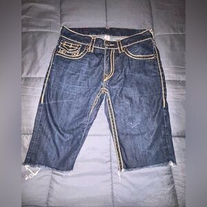 True Religion Dark Blue Relaxed Denim Cut-Off Shorts with Contrast Stitching